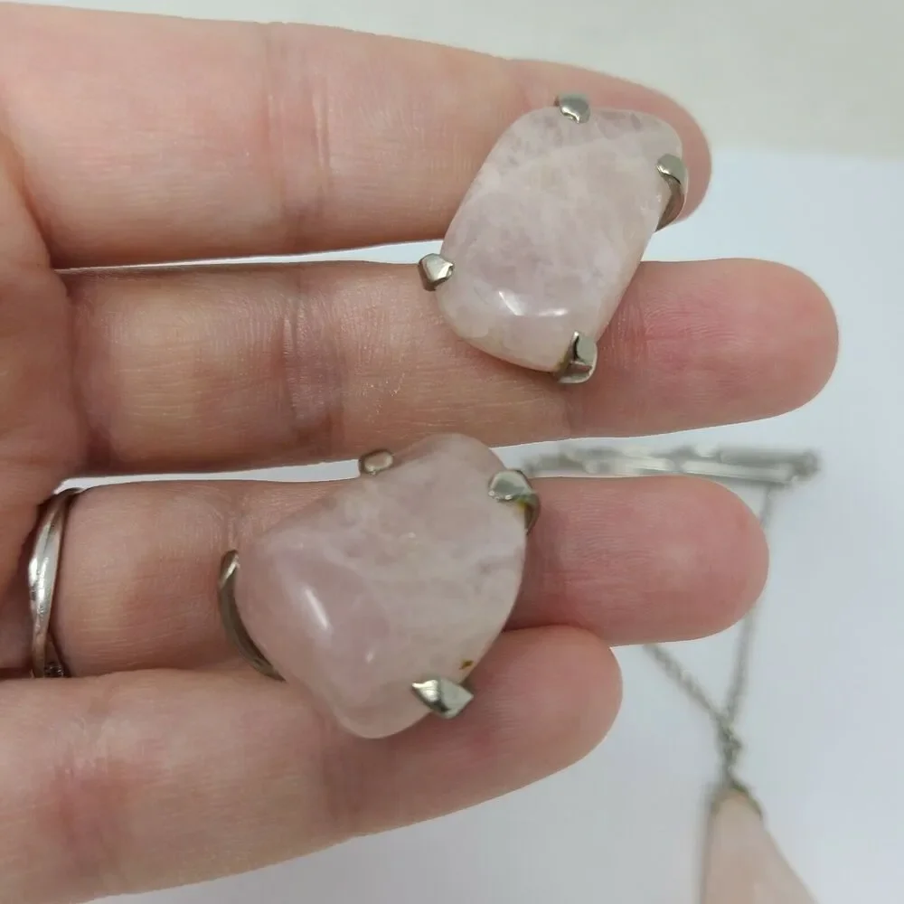 Mens Vintage Natural Pink Quartz Stone Cufflinks and Tie Bar Clip Set Jewelry